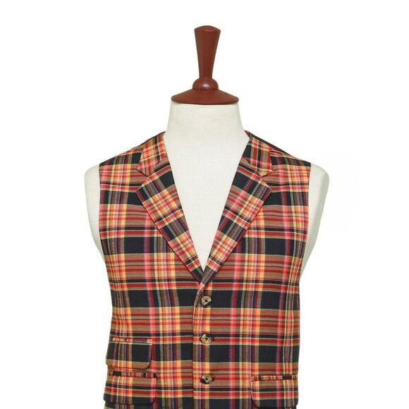 Mens Orange Black Plaid Waistcoat 44R XL Formal Tuxedo Vest Wedding Party Groom - Picture 4 of 9